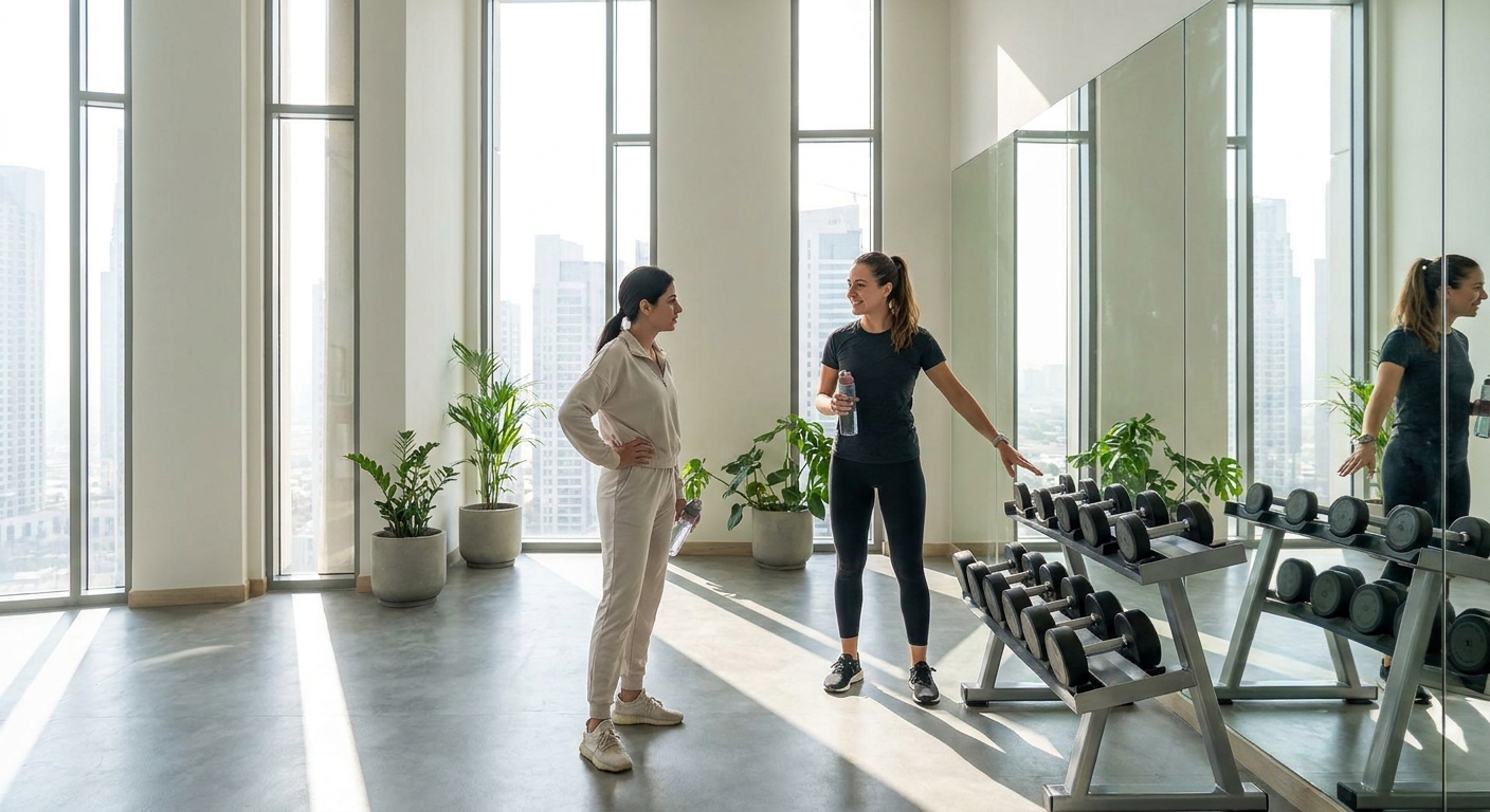 Female personal trainer explains workout options to a client inside a small Dubai residential building gym