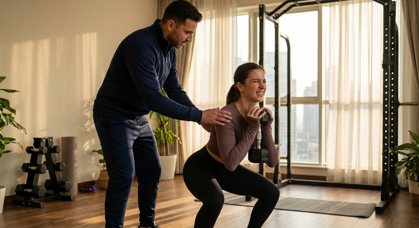 Personal trainer coaching a client through a dumbbell squat in a Dubai condo gym
