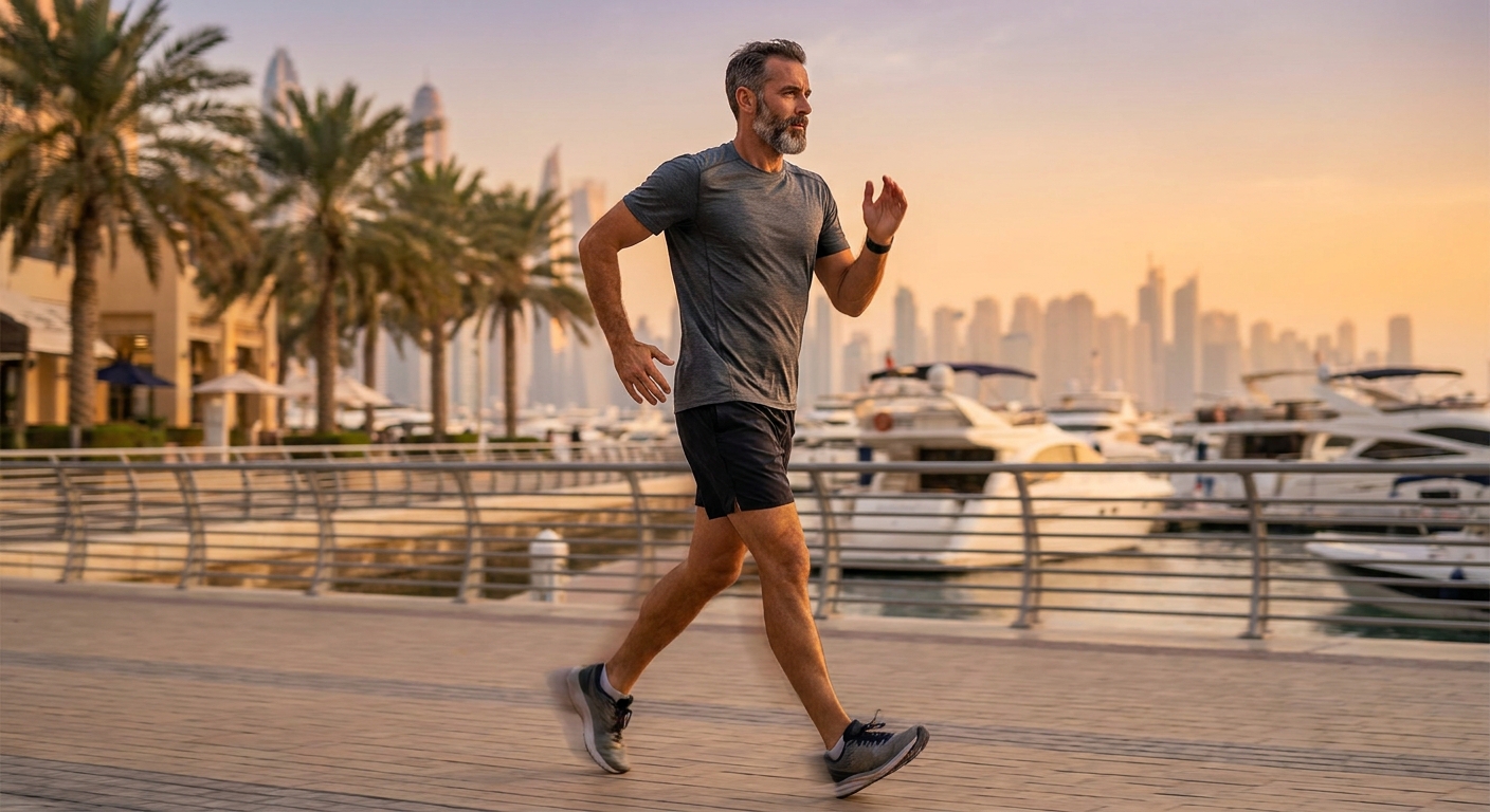 Man power walking along Dubai Marina promenade during golden hour cardio session