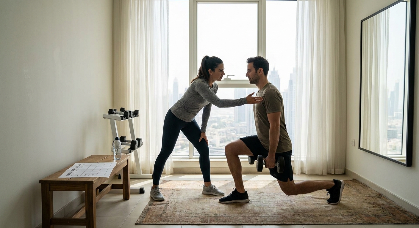 Personal trainer coaching a client through a dumbbell exercise in a home gym