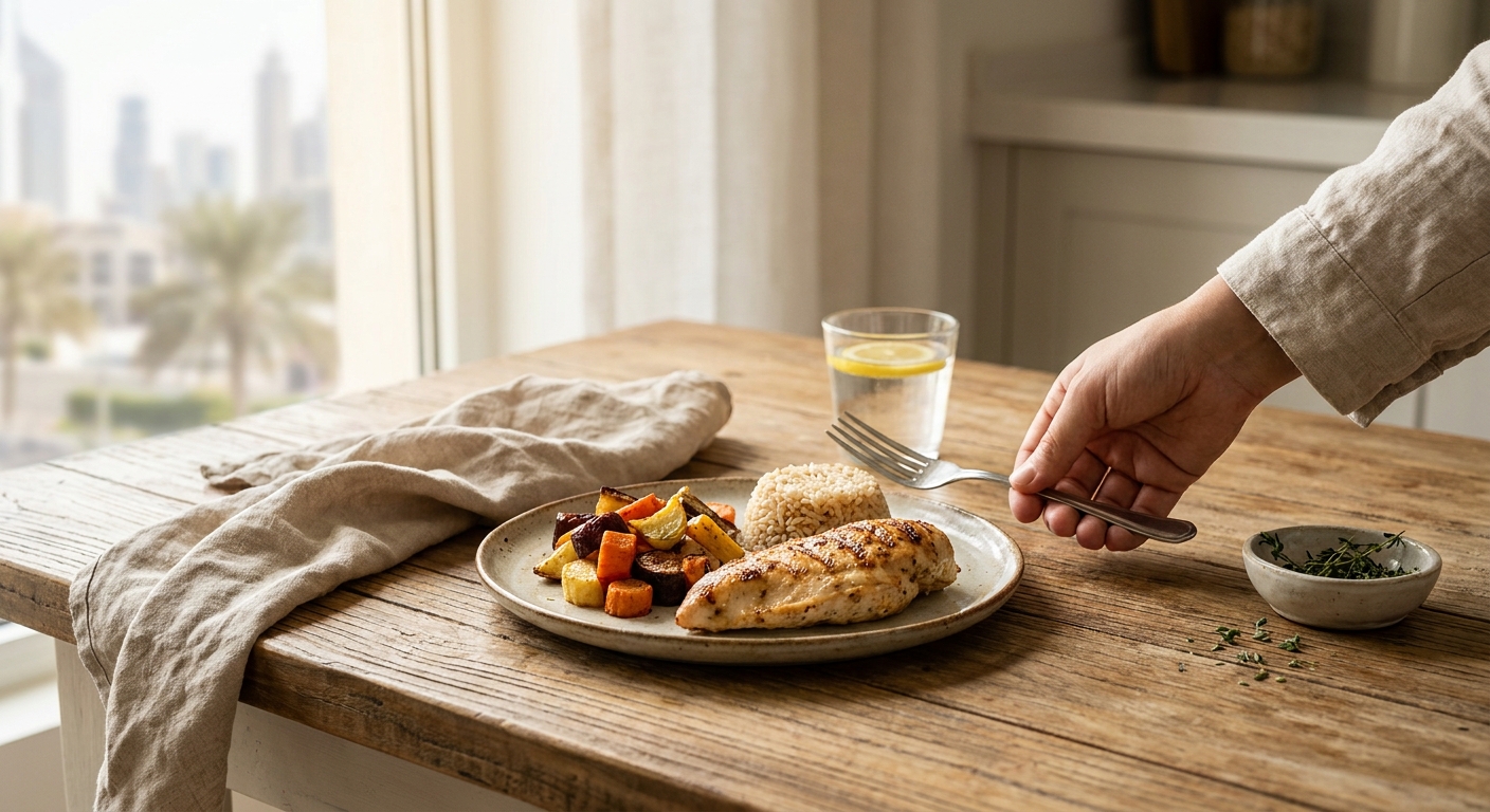 Balanced 1800 calorie dinner plate styled in a Dubai home kitchen