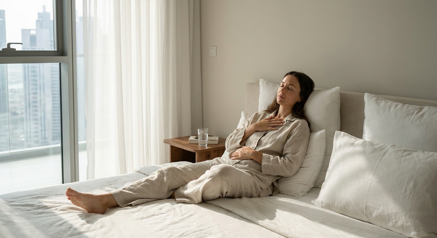 Postpartum woman practising diaphragmatic breathing on her bed at home in Dubai