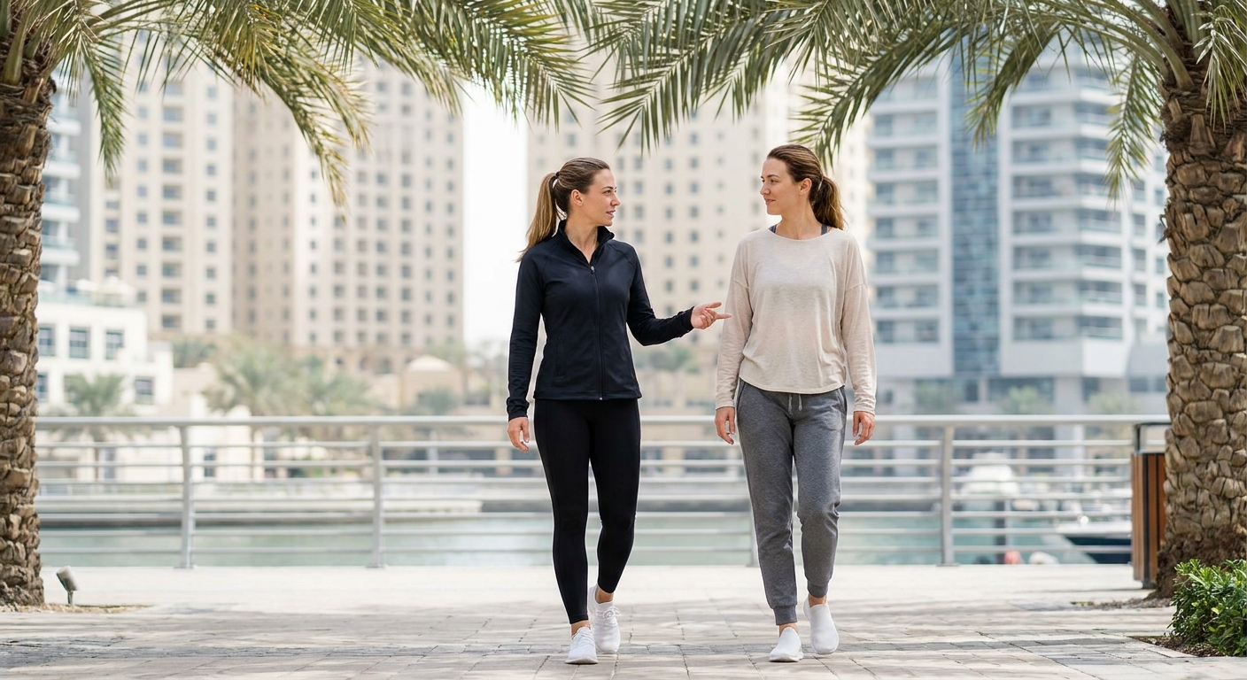 Female personal trainer and client on a gentle recovery walk along a Dubai Marina promenade