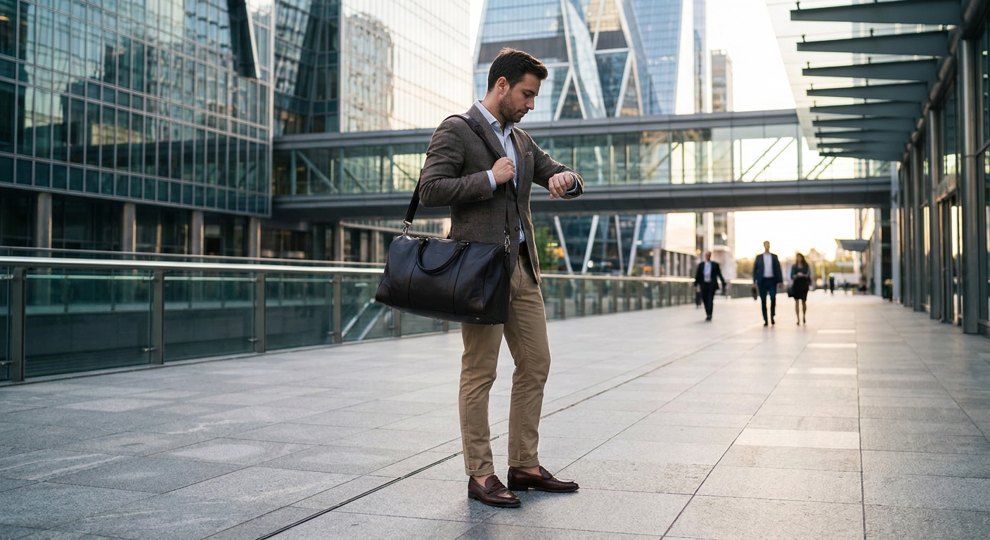 Gym membership Dubai reality check: a professional carrying a gym bag across the DIFC plaza on a workday commute