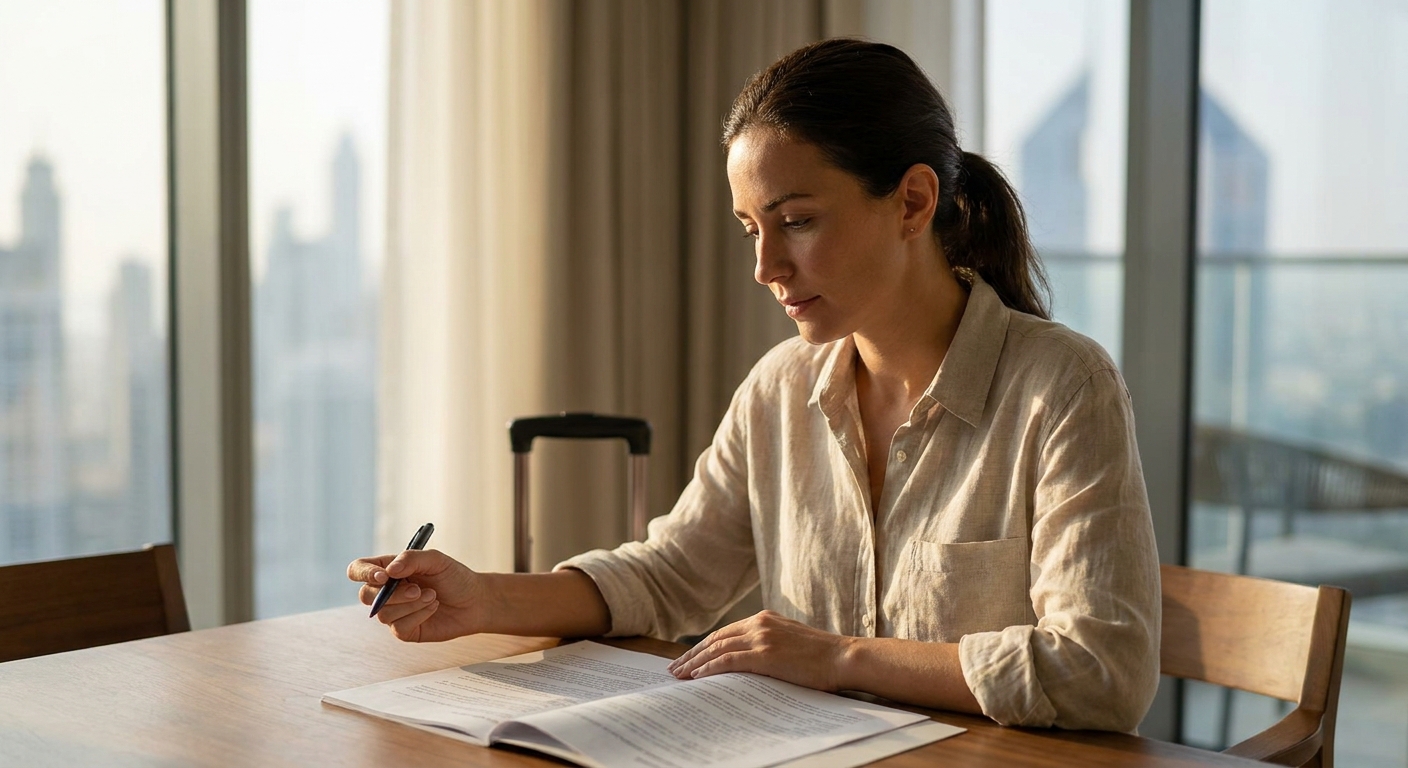 Reading the small print on a gym membership Dubai contract at home, with a travel suitcase in the background
