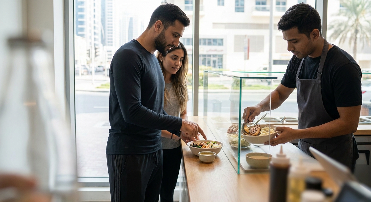 Coach shows client how to order dressing on the side at a bowl counter