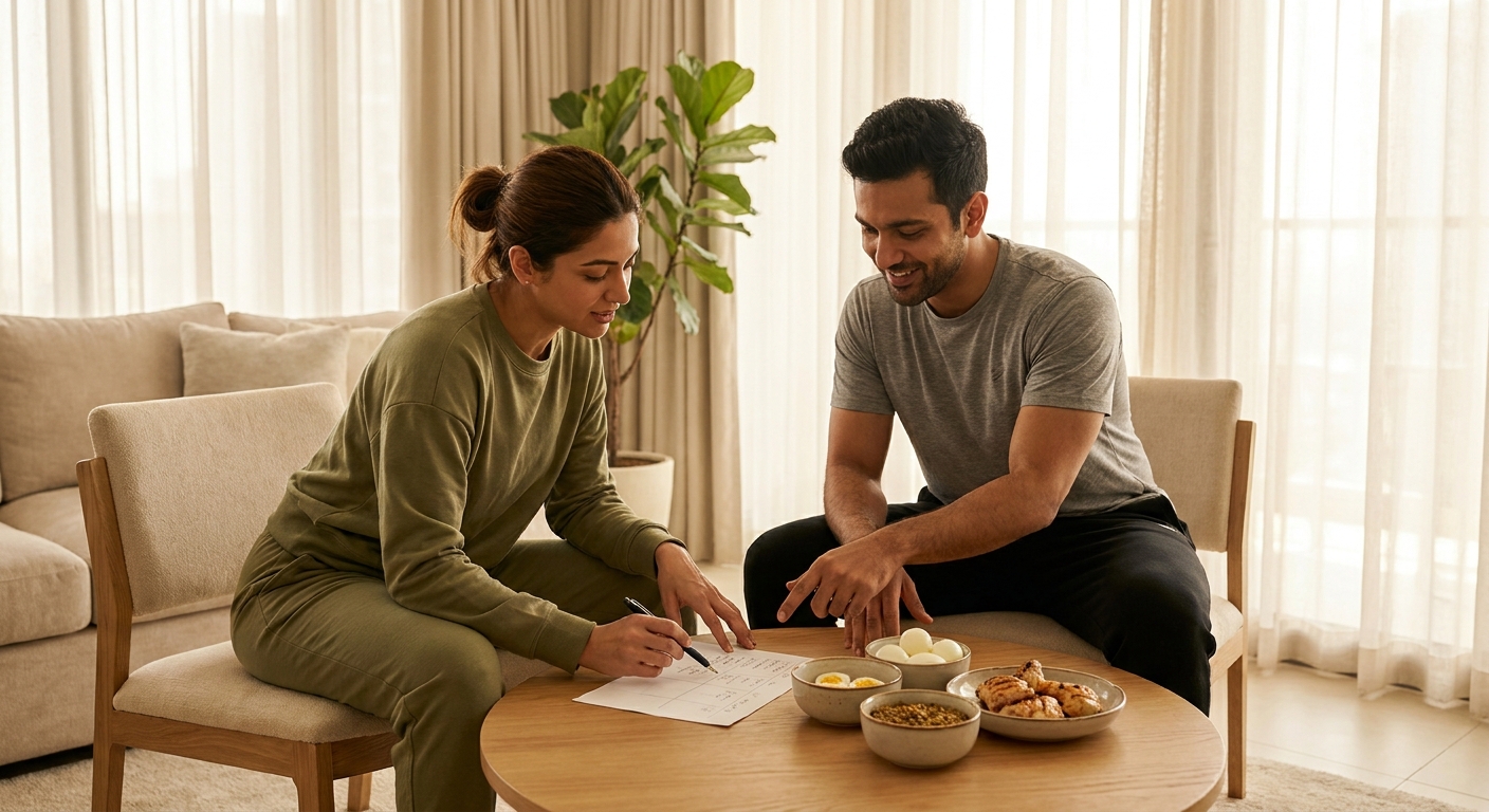 Trainer and client compare protein number charts at a Dubai apartment table