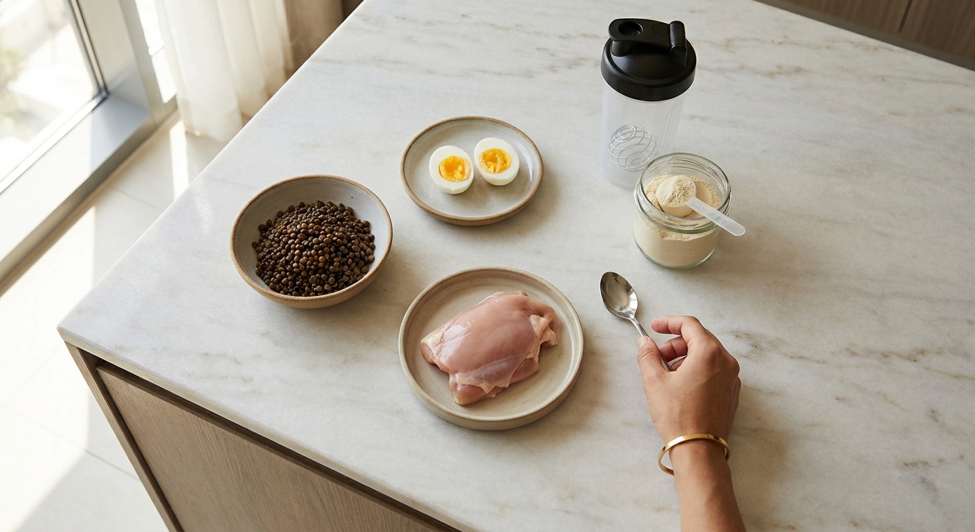 Flat lay of lentils, eggs, chicken and whey comparing protein source costs in Dubai