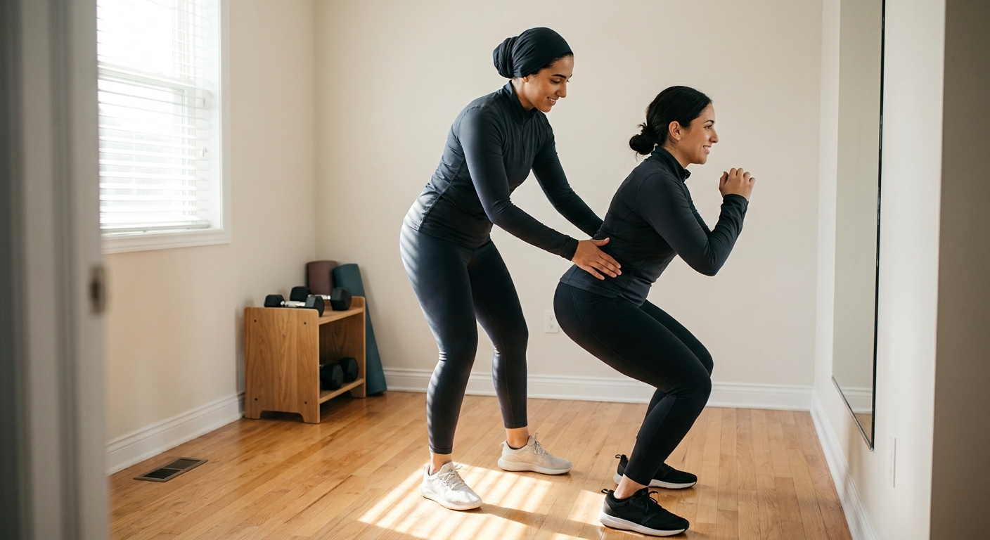 Female coach giving a private one-on-one coaching cue in a small residential gym in Dubai