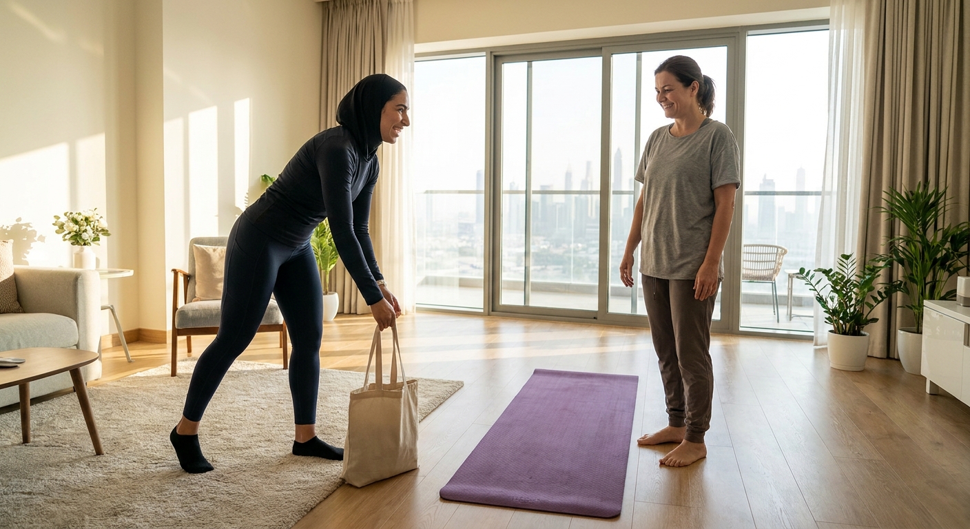 Female personal trainer arriving at a Dubai apartment living room for a private session