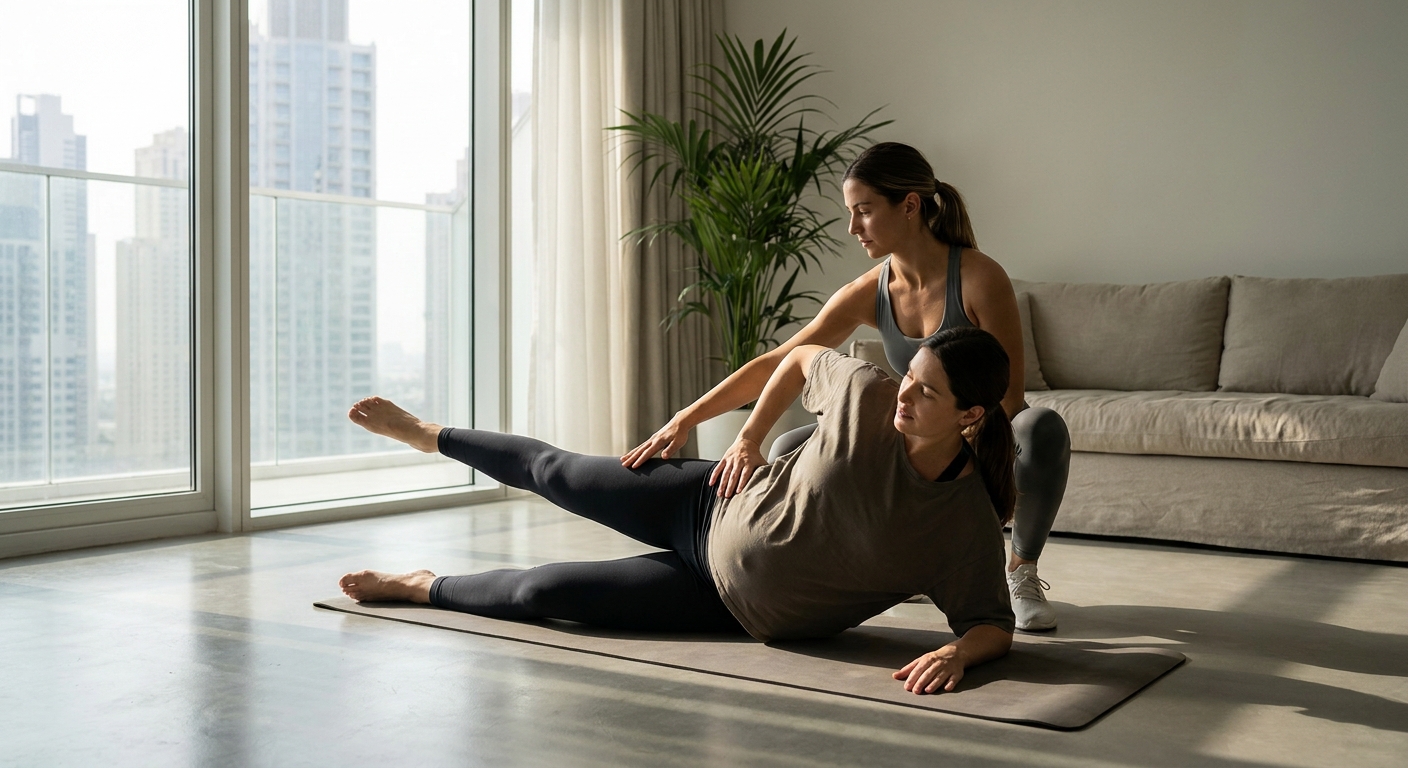 Female trainer guiding pregnant client through side-lying pilates core work on a mat in a Dubai apartment